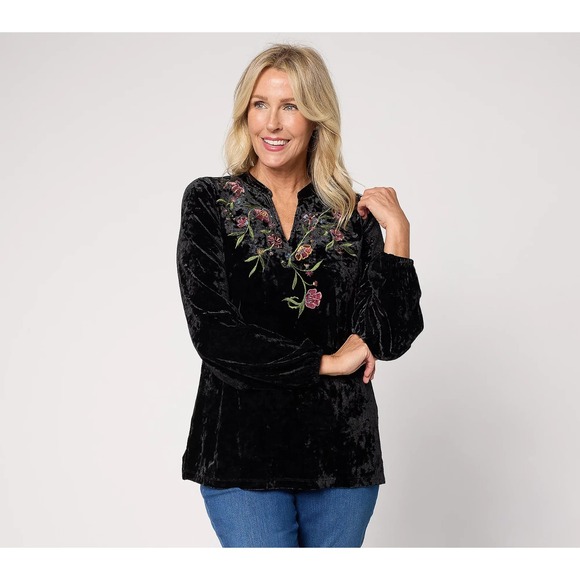 Belle Kim Gravel Tops - "As Is" Belle Boho by Kim Gravel Crushed velvet Embroidered Top Blackı L {#142-W